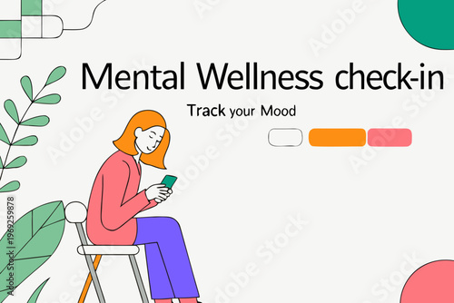 Illustration promoting mental wellness with a woman using a smartphone