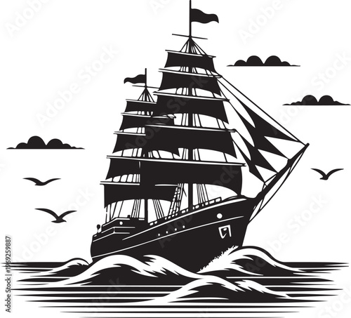 Majestic tall ship sailing across the open ocean under a partly cloudy sky Vector, illustration