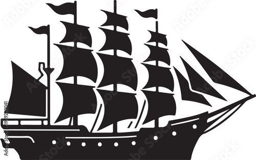 Historic sailing ship with multiple masts and billowing sails on calm waters Vector, illustration