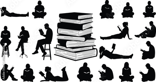 Black silhouette set of diverse people reading books in various poses sitting and lying down isolated on white background for education and library design