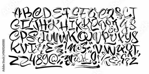 Εκτύπωση καμβά Hand drawn alphabet and numbers in expressive black brushstroke calligraphy