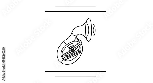 Minimalist black line art illustration of a classic tuba instrument emitting musical notes and