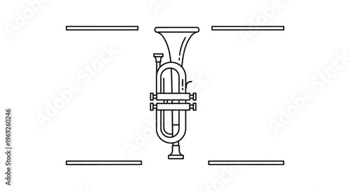 Minimalist line art illustration of a brass trumpet musical instrument on a clean white background