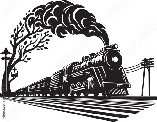 Classic steam locomotive traveling through a serene countryside landscape under a tree. Vector, illustration