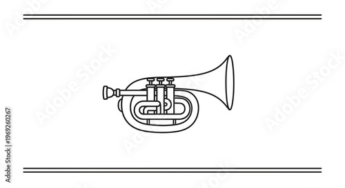 Minimalist black and white outline illustration of a brass wind instrument for musical themes