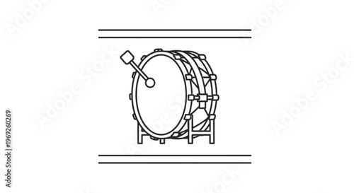 Minimalist line art illustration featuring a classic bass drum and mallet musical percussion