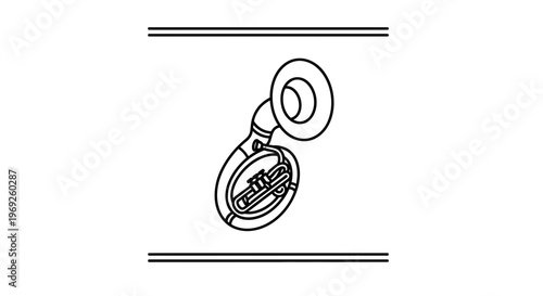 Minimalist black and white line art depicting a classical sousaphone brass instrument outline