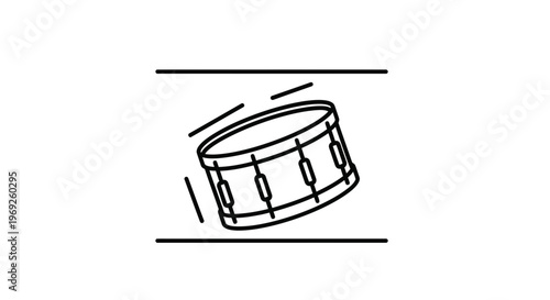 Dynamic musical percussion instrument icon, simple line art illustration of a drum with motion lines