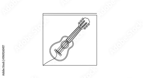 Minimalist continuous line art illustration of an acoustic guitar within a simple square frame