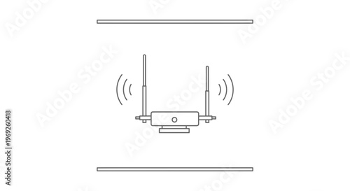 Minimalist line art illustration of a wireless router actively broadcasting internet signals for