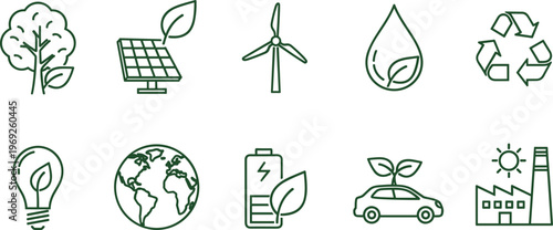 Eco friendly green energy icon set featuring solar panel wind turbine recycle symbol electric car battery bulb and tree line art for environmental conservation.