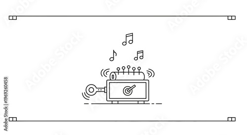 Abstract line drawing of an old-fashioned mechanical music box generating a pleasant tune