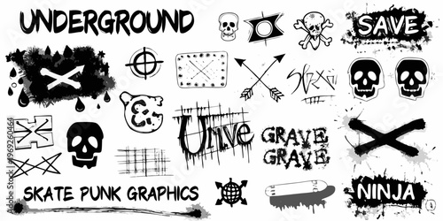 Collection of rebellious grunge style graffiti and punk inspired graphics