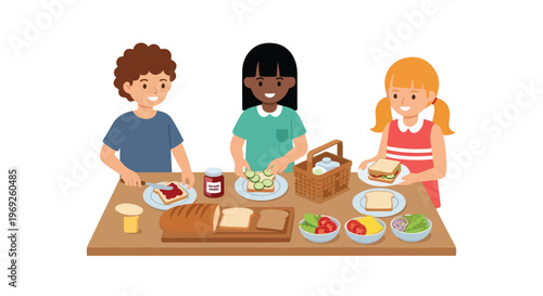 Three diverse children are happily preparing various sandwiches with fresh ingredients on a wooden table for a picnic.