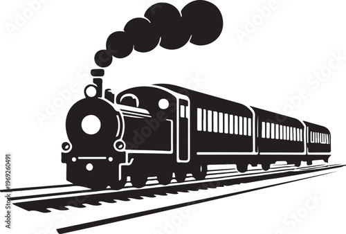 Classic steam locomotive pulling passenger carriages along railway tracks Vector, illustration