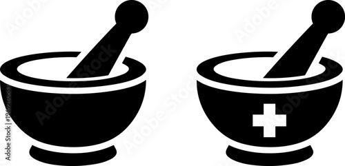 Contrast of traditional and modern medical symbols depicted with mortar and pestle