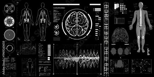 Anatomical scans and human body outlines displayed on a dark futuristic interface