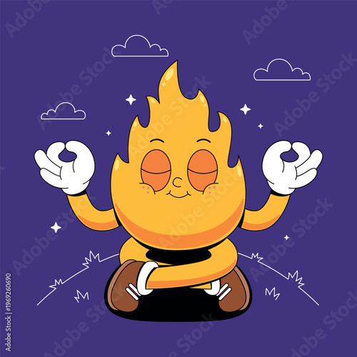Cute Fire Character Meditating – Adorable Cartoon Vector Illustration with Zen Mascot
