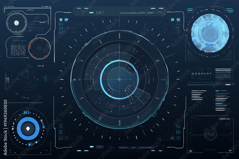 Fototapeta premium Futuristic user interface with circular displays and complex data visualizations