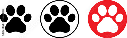 Three distinct paw print designs in black and white with a red accent