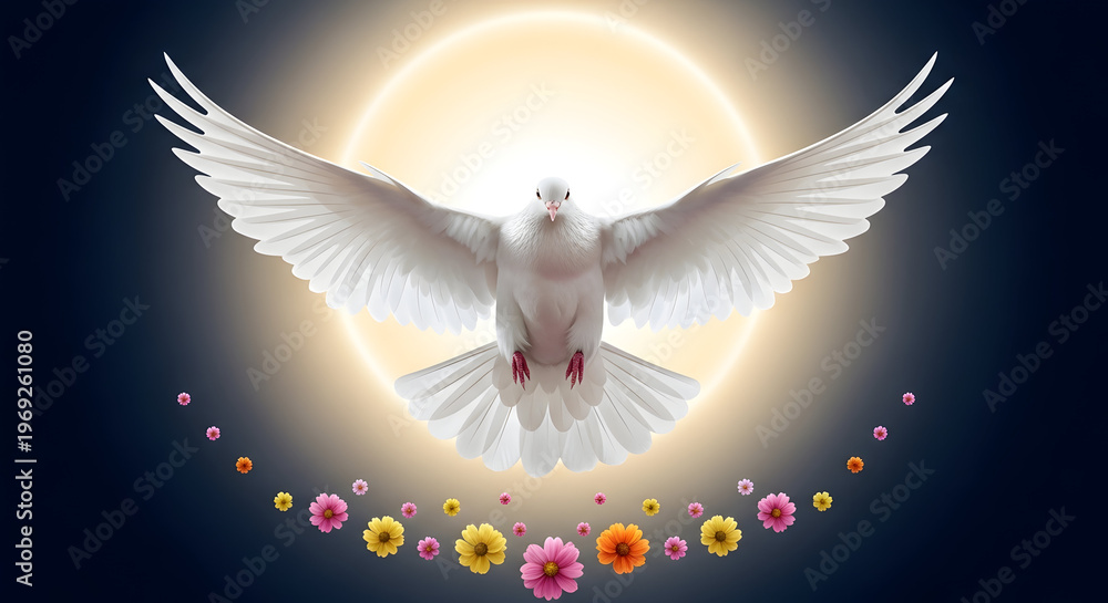Fototapeta premium White dove flying towards sun with flowers