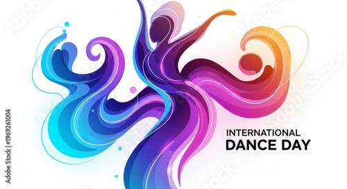Vibrant swirling figures celebrate international dance day with colorful fluid dance movements on white background