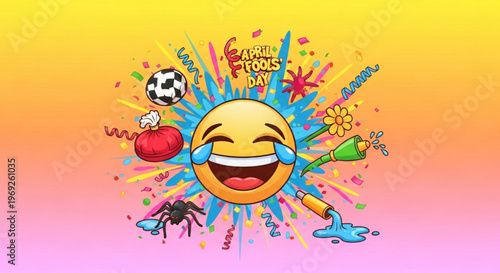 Laughing emoji on crazy tools day with colorful objects and gradient background