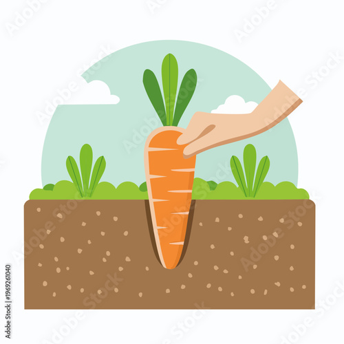 Vector illustration of a hand pulling a ripe orange carrot from fertile soil, representing the joy of gardening, fresh vegetables, organic produce, and sustainable food practices