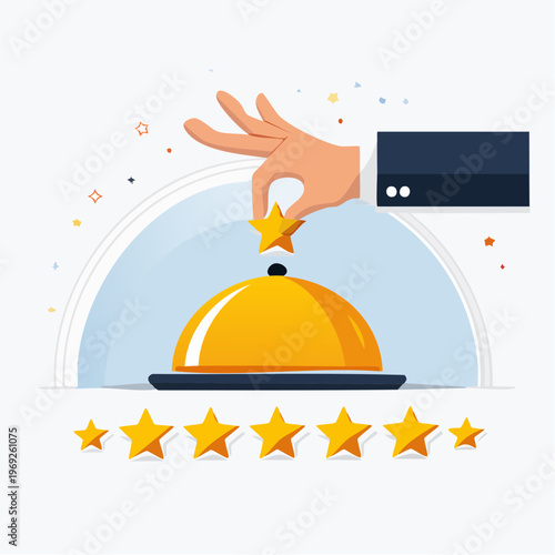 Illustrative representation of a hand placing a golden star on a cloche, symbolizing exceptional restaurant service, customer satisfaction, and achieving a premium dining experience rating