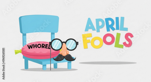 Cartoon face with glasses and mustache on pink whoopee cushion on blue chair with april fools text