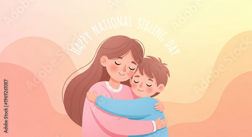 Mother and son hugging with happy national twin day text in soft colorful background