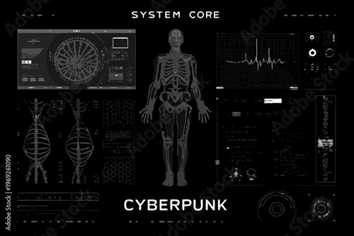 Cyberpunk system core displays a human skeleton with technological overlays