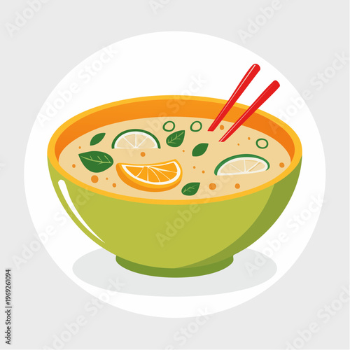 Illustration of creamy coconut soup in a green bowl, garnished with fresh lime, orange, and mint, with red chopsticks, a healthy and flavorful Asian dish