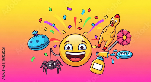 Vibrant cartoon emoji party with joyful chicken spider cake and confetti on colorful background