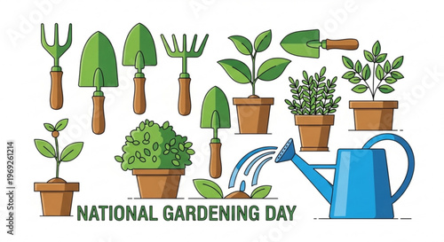 Gardening tools and potted plants on national gardening day with watering can celebrating growth and horticulture activities