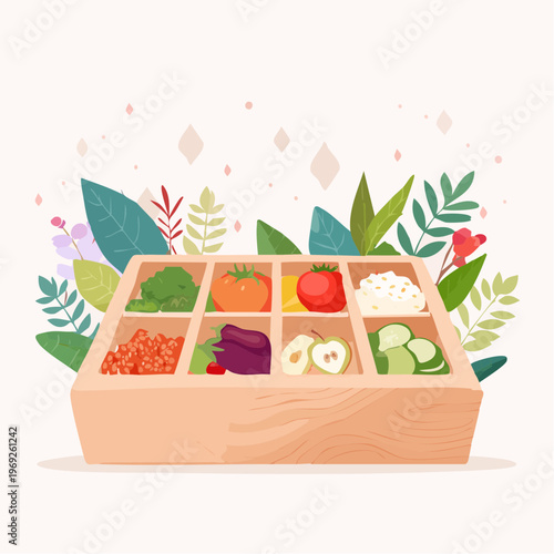 Illustration of a healthy bento box meal, featuring fresh vegetables, fruits, and wholesome ingredients in a partitioned wooden tray, surrounded by botanical elements