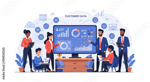 Business team analyzing customer data on a large computer screen with graphs and charts in a modern office