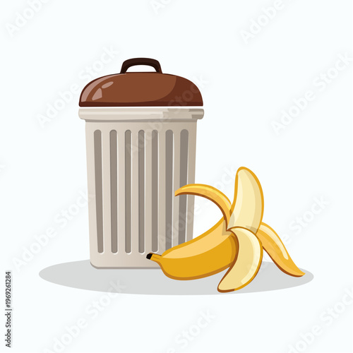 Discarded banana peel next to a brown garbage can, symbolizing waste disposal and recycling concepts in a clean, illustrative style