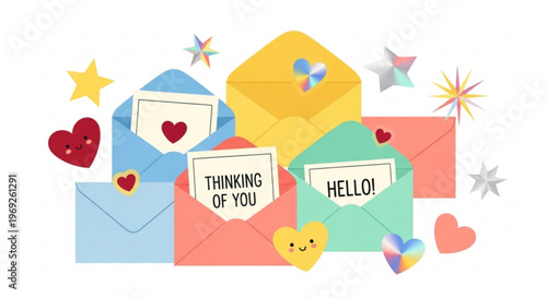 Colorful envelopes with love letters and greeting cards surrounded by hearts and stars on white background for friendly correspondence