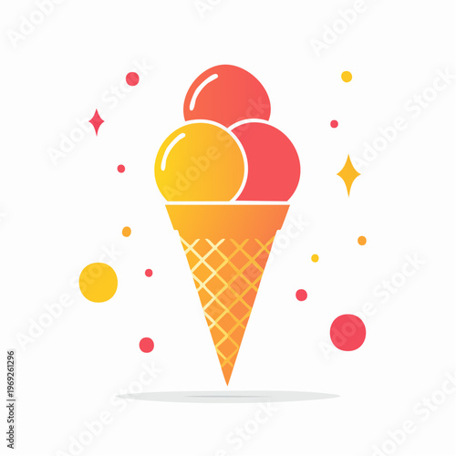 Colorful three-scoop ice cream cone with yellow, orange, pink flavors and sparkles. Ideal for sweet summer treats, refreshing desserts, and joyful design