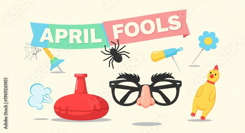 Colorful april fools' day icons with glasses rubber chicken and prank items on beige background