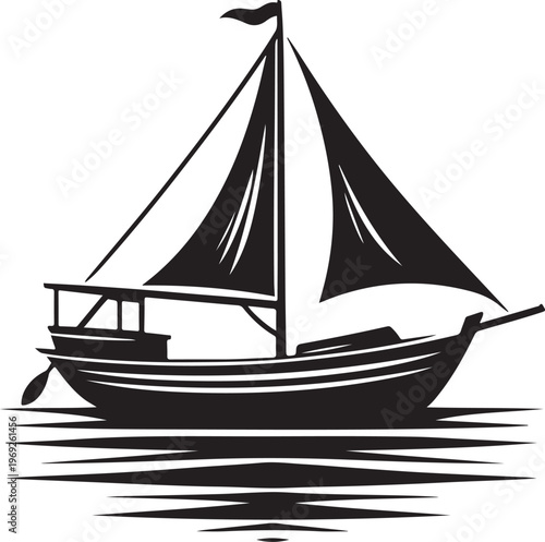 A classic sailboat gliding peacefully across calm waters under a clear sky. Vector, illustration