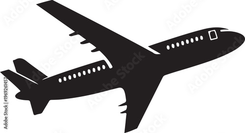 A sleek twin-engine jetliner captured in mid-flight with wings extended Vector, illustration