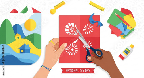 Hands cutting paper on national diy day with colorful crafting supplies and tools around