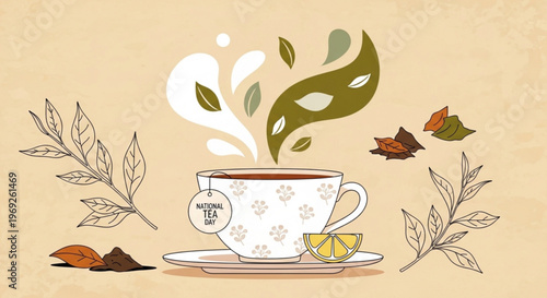 Steaming cup of tea with lemon and leaves on a saucer surrounded by autumn foliage on a beige background