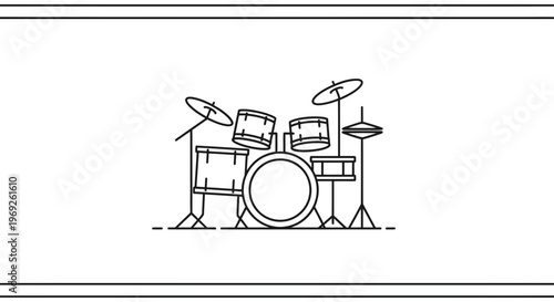 Dynamic minimalist line art illustration of a full drum kit setup, perfect for rhythmic visual