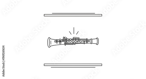 Minimalist linear depiction of a woodwind instrument with subtle musical accents and graphic