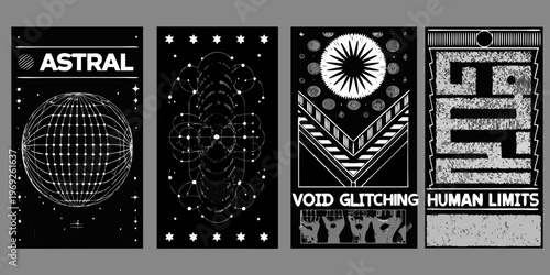 Four abstract panels featuring geometric shapes and cosmic designs