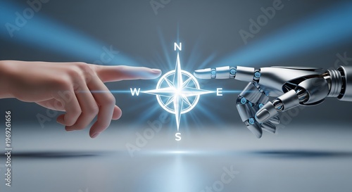 Human hand and robotic hand pointing toward a glowing digital compass rose symbolizing direction and ethics in artificial intelligence technology.