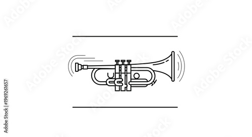 Minimalist line art illustration of a trumpet producing sound waves on a white background